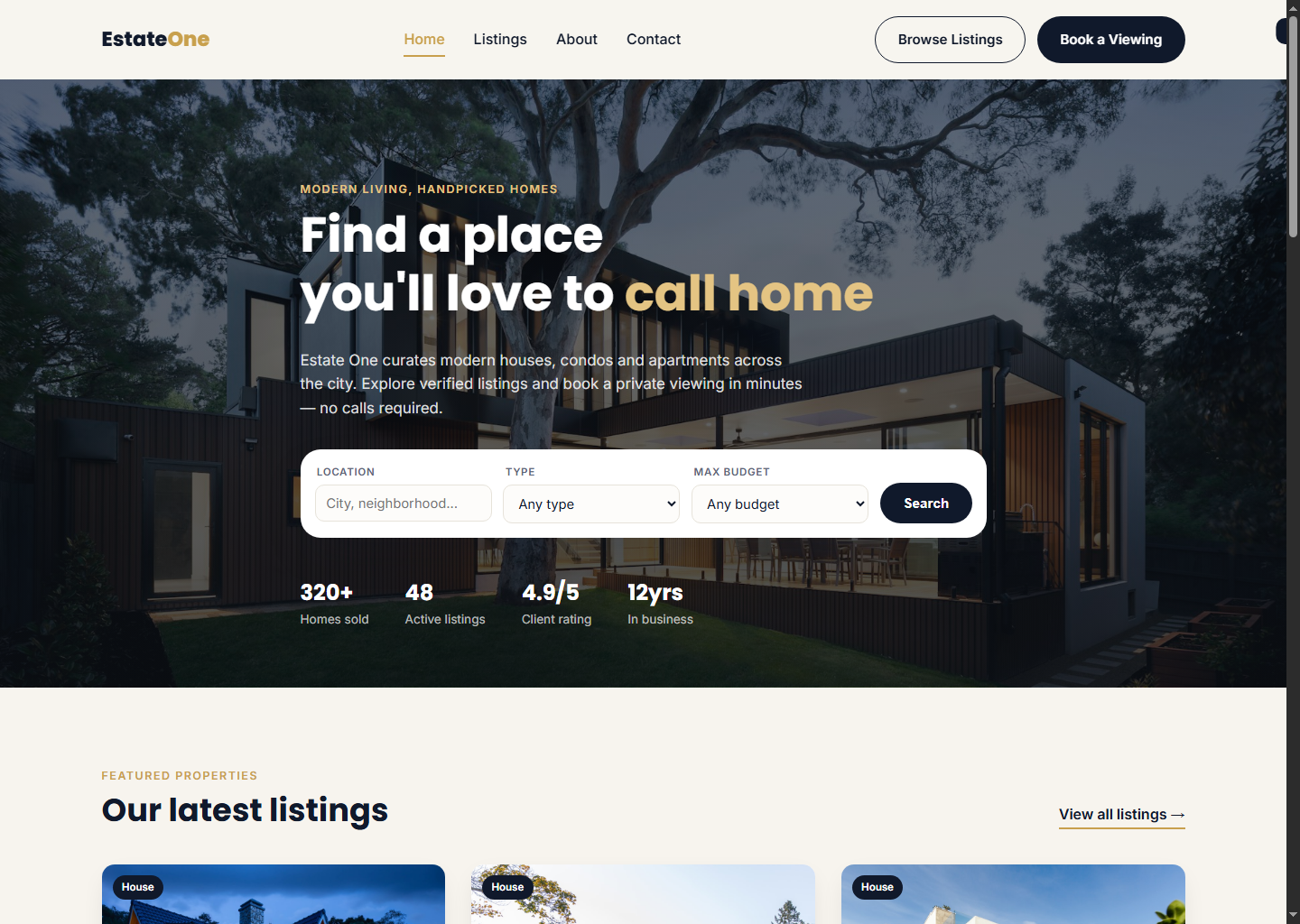 Estate One real estate website desktop screenshot