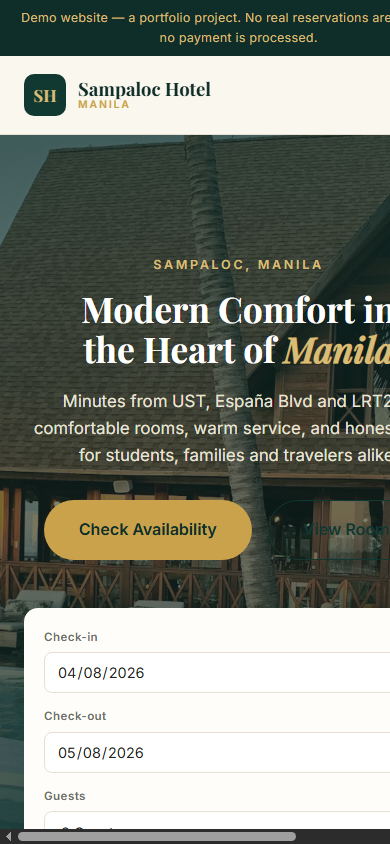 Sampaloc Hotel website mobile screenshot