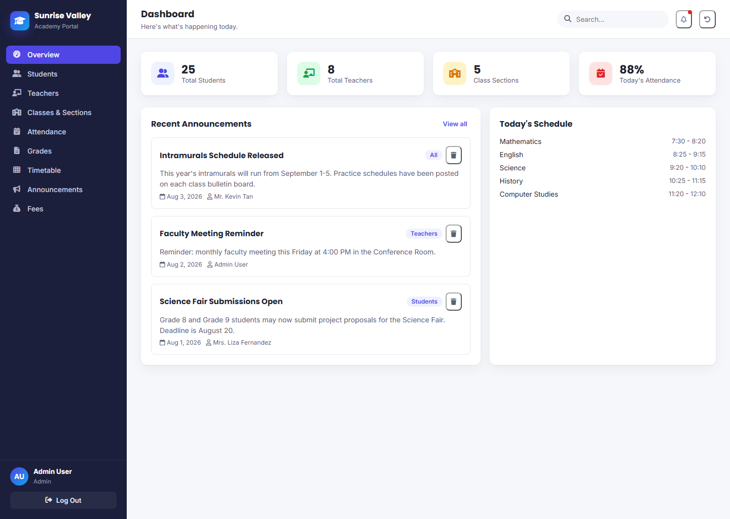 Sunrise Valley Academy school management system desktop screenshot